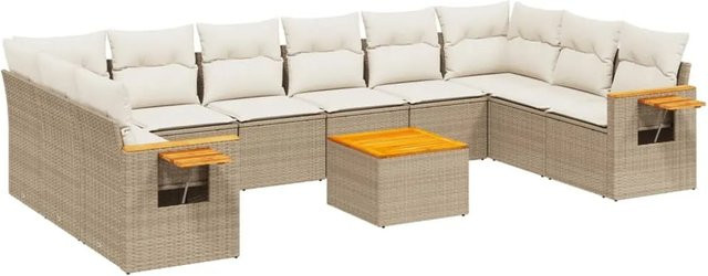 vidaXL 11-tlg. Garten-Sofagarnitur in U-Form aus Poly-Rattan und Akazienholz mit Kissen in Beige-Creme - Bild 1