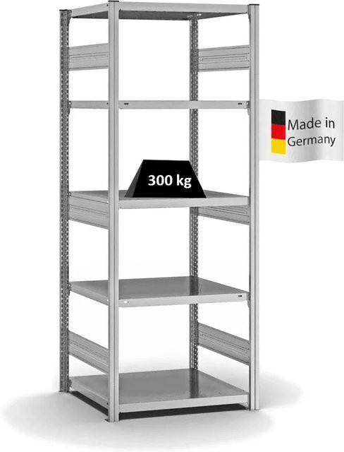 PROREGAL Fachbodenregal Stecksystem T-Profil Heavy-Duty Grundregal, Farbe: Silber, H x B x T: 200 x 75 x 60 cm, 5 Ebenen, Fachlast 330 kg, beidseitig nutzbar, verzinkt - Bild 1