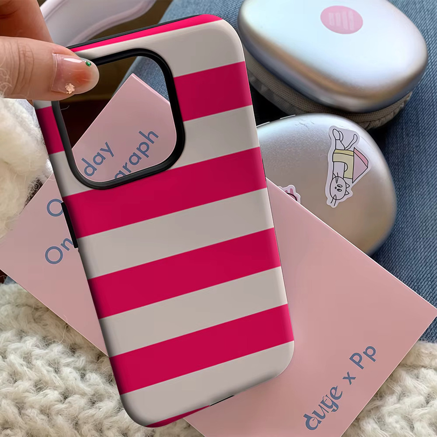 Handyhülle in Fuchsia und Beige gestreift für iPhone 11 bis iPhone 17 Pro Max Plus mit doppelschichtiger Rückseite - Bild 4