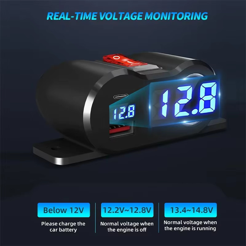 Autotelefon-Ladegerät-Adapter mit PD QC3.0-Buchse und Voltmeter-Ein/Aus-Schalter, 120 W Schnellladung für 12/24 V, Schwarz - Bild 3
