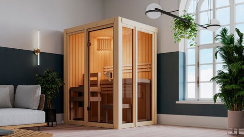 KARIBU Sauna Juminda aus nordischem Fichtenholz für 2 Personen, beige, B/T/H: 155 x 122 x 198 cm - Bild 1