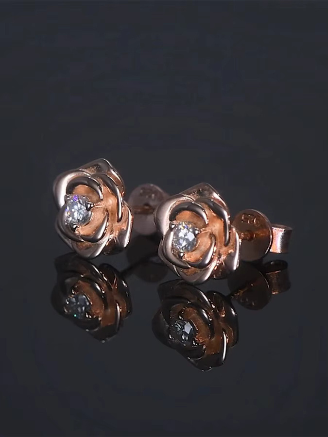 IOGOU Ohrstecker Silber, Rosé vergoldet, Moissanit, Blume, Damen, 3mm - Bild 4