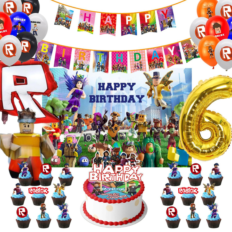 Roblox Geburtstag Dekoration Set mit Wimpelkette, Ballons und Kuchenaufsatz in Mehrfarbig von Discover Intime - Bild 1