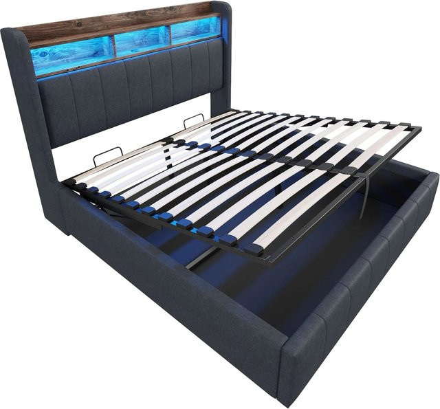 okwish Polsterbett Grau mit LED-Beleuchtung, USB-Ladeport und Stauraum, B/T: 140 x 200 cm - Bild 1