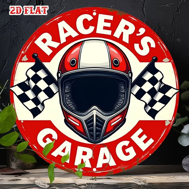 Potdemiel Vintage Metallschild Racer's Garage mit Rennflagge und Helm, Rund, Durchmesser: 20 cm, Rot - Bild 1