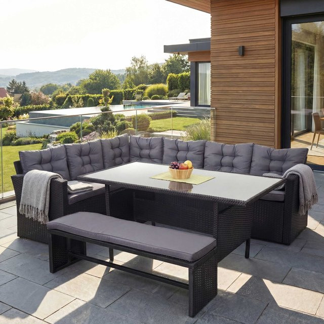 MCW Poly-Rattan-Garnitur A29 Lounge-Esstisch-Set in Schwarz mit Bank und dunkelgrauen Kissen, B/T/H: 242 x 178 x 74 cm - Bild 1