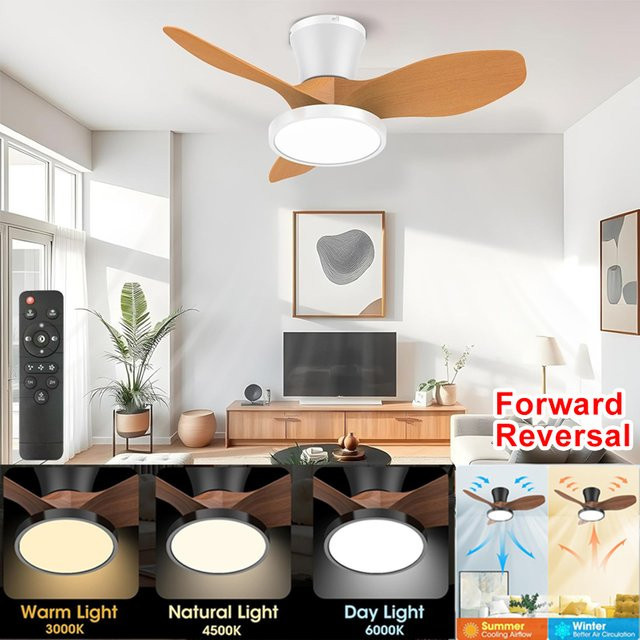 LINYILIGHT Moderner LED-Deckenventilator in Weiß mit Holzmaserung und Fernbedienung für Wohnzimmer und Schlafzimmer - Bild 1