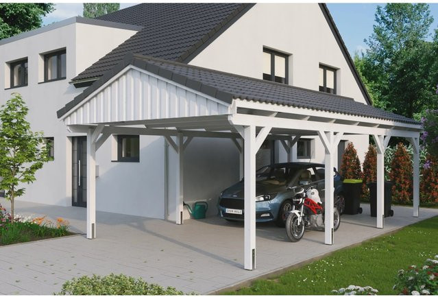 Skan Holz Carport Fichtelberg aus Fichte Leimholz in Weiß mit spitzer Dachform B/T: 423 x 808 cm, Höhe: 326 cm - Bild 1