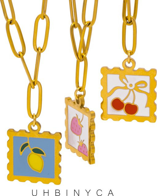 UHBINYCA Halskette, Edelstahl, Gold, Kirsch-Erdbeer-Charm-Anhänger, Damen - Bild 1