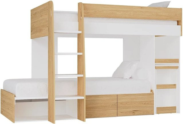 Vente-unique Etagenbett für Kinder aus Massivholz in Naturfarben Hell und Weiß, Höhe: 196,3 cm, Breite: 90 cm, Tiefe: 190 cm - Bild 1