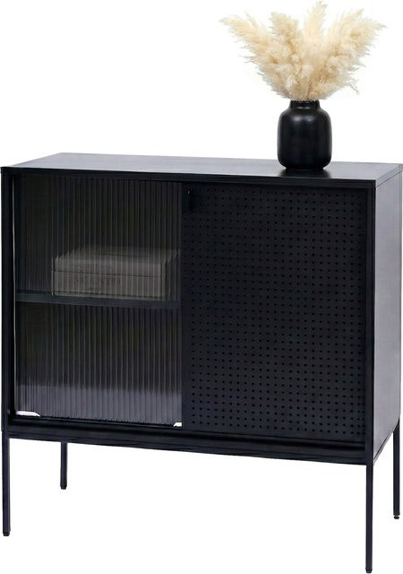 MCW Kommode O90 Industrial Sideboard aus Metall mit Schiebetüren und Schilfglas in Schwarz, B/T/H: 85 x 45 x 80 cm - Bild 1