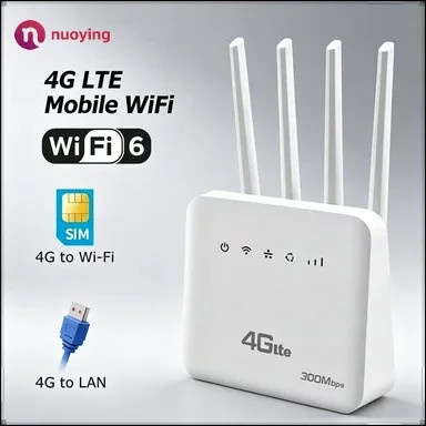 nuoying 4G SIM WiFi6 Router mit 300Mbps Hochgeschwindigkeits-WLAN, weißer Signalverstärker mit vier Antennen für bis zu 32 Geräte für Heim- und Außenbereich - Bild 1