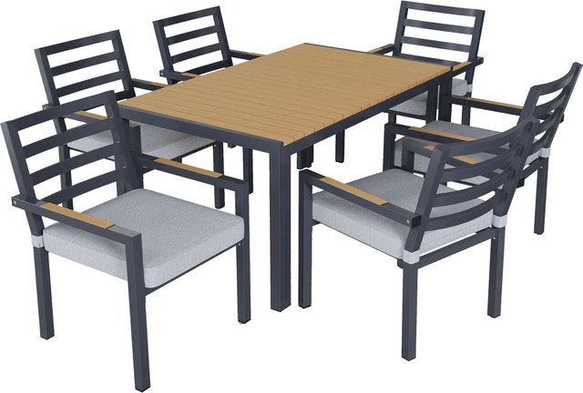 okwish Garten-Essgruppe aus Kunststoffholz in Grau mit Tisch und 7 Stühlen im Industrie Design - Bild 1