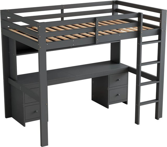 okwish Hochbett mit Schreibtisch und Stauraum in Grau, B/T/H: 200 x 90 x 167 cm - Bild 1