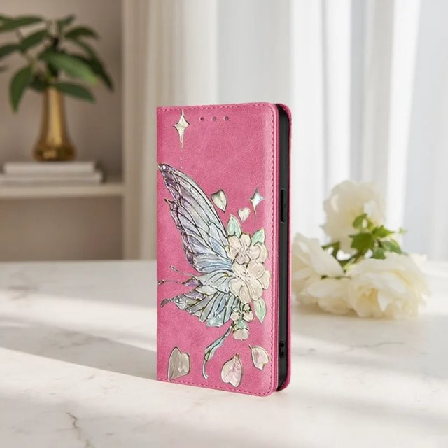 Magnetische Flip-Hülle mit Schmetterlings-Muster und Kartenfächern für Samsung Galaxy M55 M35 M54 M53 M51 M52 M33 M34 M22 C55 inklusive Holster in Pink - Bild 1