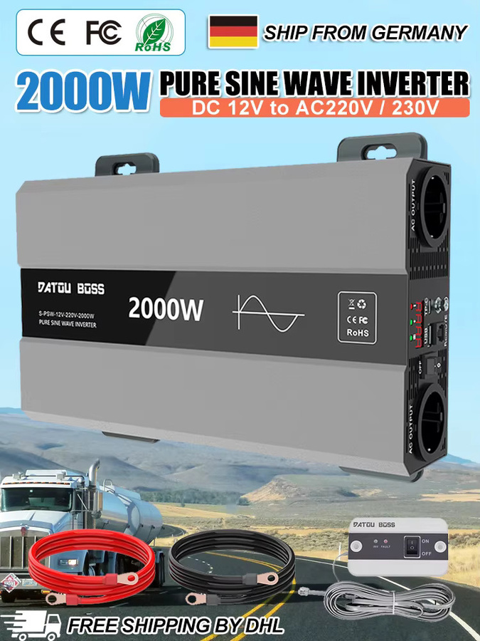 DATOUBOSS 2000W Reiner Sinus-Wechselrichter 12V DC zu 220V AC mit USB- und AC-Buchse sowie LCD-Display für RV, Auto und Heim - Bild 7