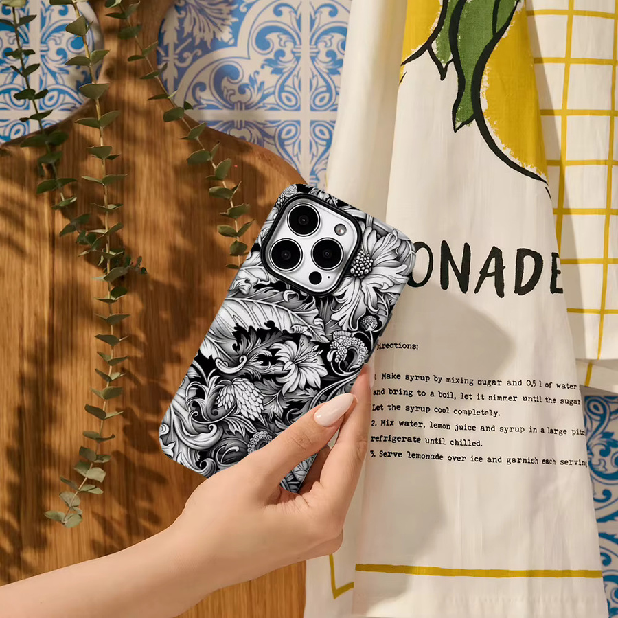 Handyhülle mit schwarz-weißem Blumenmuster für Apple iPhone 17 Pro Max, 16, 15, 14, 13, 12, 11 und weitere Modelle mit doppelschichtiger Rückseite - Bild 5