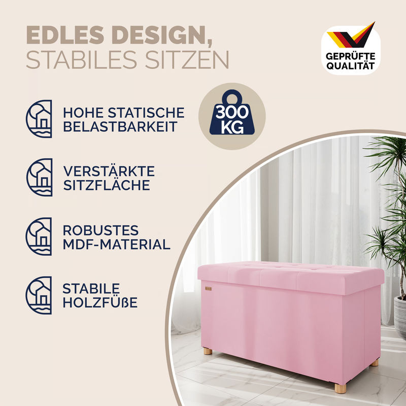 CASARIA Sitzbank aus Samt in Rosa mit Stauraum, faltbar, B/T/H: 76 x 38 x 42 cm - Bild 3