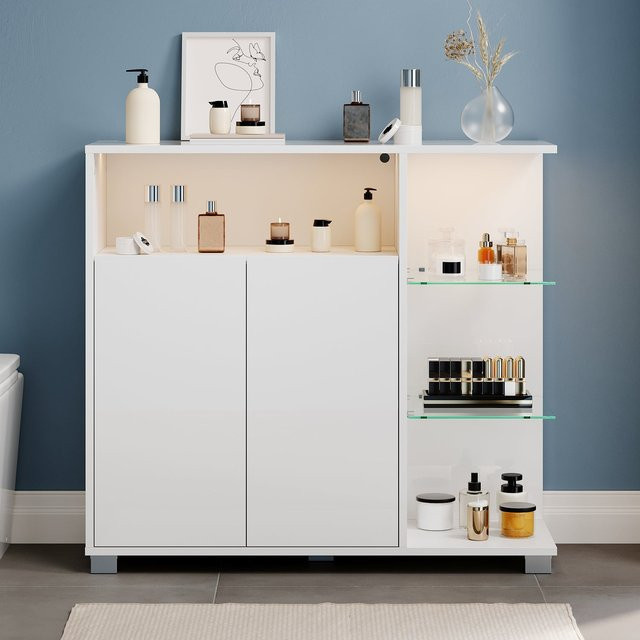 SONNI Waschtisch mit Touch-LED in Weiß mit Unterschrank, Doppeltüren und ausziehbarem Einlegeboden, B/T/H: 90 x 30 x 82 cm - Bild 1