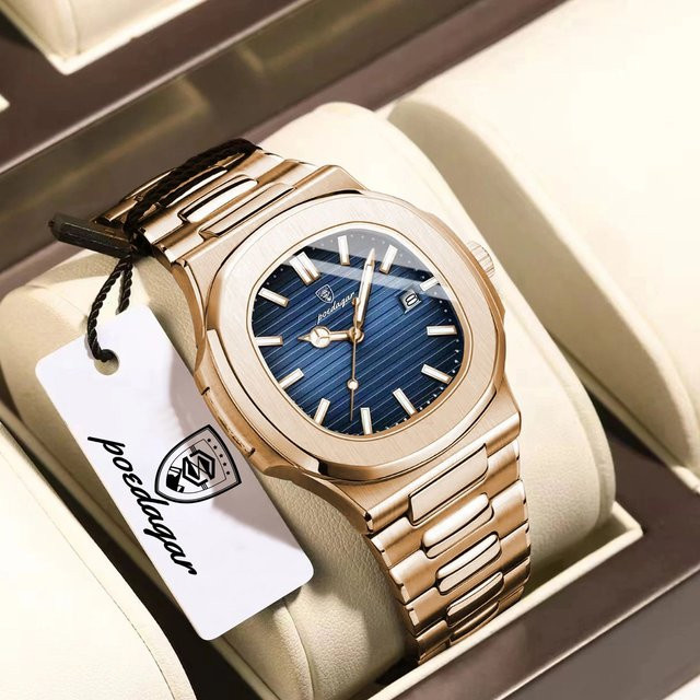 POEDAGAR Armbanduhr Edelstahl, Quarz, Rechteckig, Blau, Unisex - Bild 1