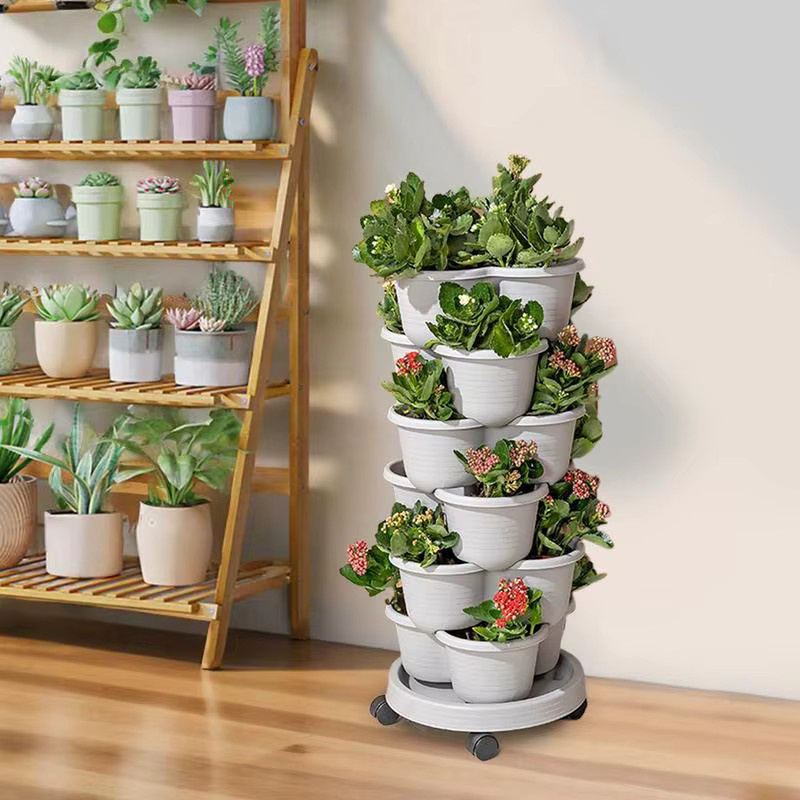 Vertikaler Gartenpflanzer in Grau mit 4-stufigem Gartenturm und Tablett für dein Gemüse und Innengarten - Bild 2