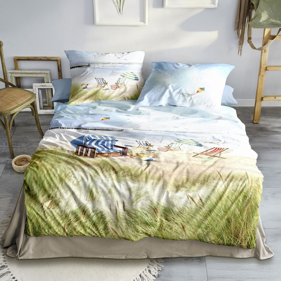 Irisette Wave Mako-Satin Bettwäsche mit Strand- und Dünen-Motiv, Mehrfarbig, B/T: 155 x 220 cm und 80 x 80 cm - Bild 1