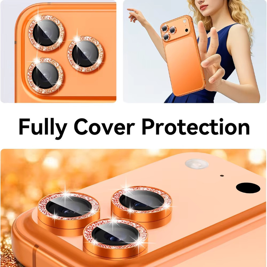 NNBILI 3er-Set für iPhone 17 16 15 14 13 Pro Max mit Glitzer Metall Bling-Ring-Cover und 9H kratzfestem Panzerglas in Orange - Bild 3
