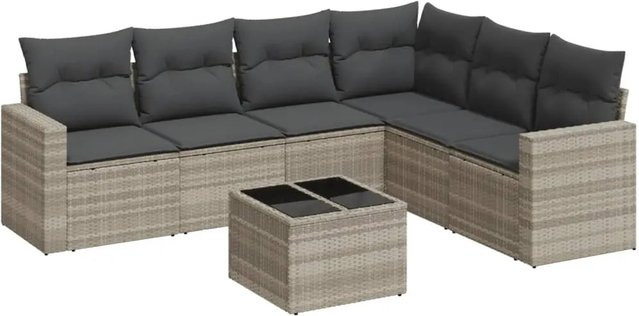 vidaXL 7-teilige Garten-Sofagarnitur in L-Form aus Poly-Rattan in Hellgrau mit wetterfesten Kissen und pulverbeschichtetem Stahlgestell - Bild 1