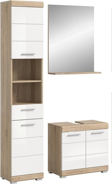 Badezimmer-Set Lambada von xonox.home in Eiche und Weiß Hochglanz, 3-teilig bestehend aus Waschtischunterschrank, Hochschrank und Spiegelschrank, B/H/T: 112 x 191 x 34 cm - Bild 1