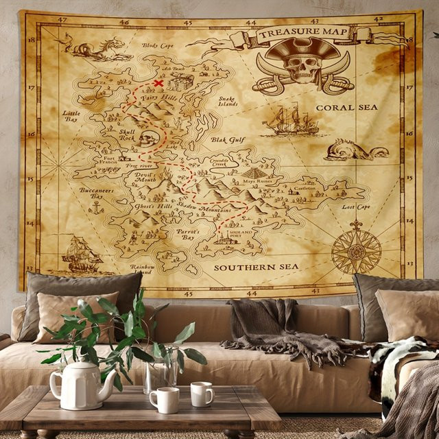 VIKAMA Retro Piraten-Schatzkarte Wandteppich in Braun als Textil-Wanddeko für dein Wohnzimmer - Bild 1