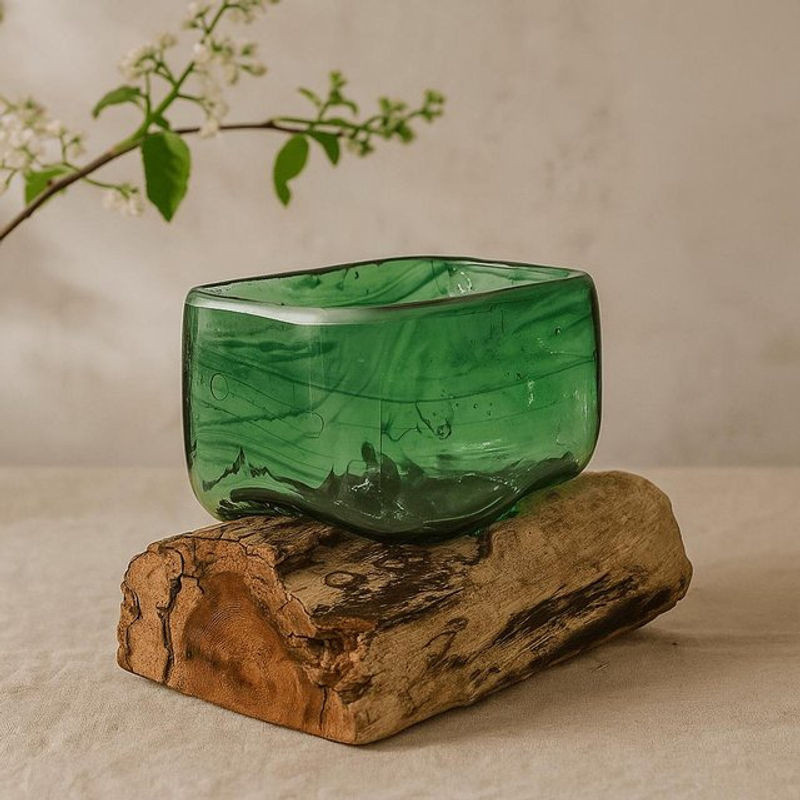 Quadratische Schale aus Recyclingglas in Grün mit Holzsockel von SHAMTAM - Bild 1