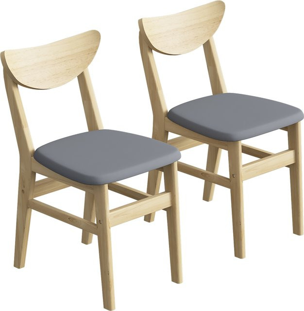 HOMCOM 2er-Set Esszimmerstühle mit gepolsterter Leinen-Sitzfläche und geschwungener Rückenlehne in Grau und Naturholz - Bild 1