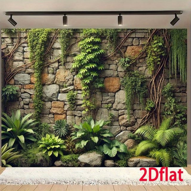 BaiTu Clothes Polyester-Hintergrund mit Efeu und Steinwand in Grün, B: 400 cm, H: 210 cm - Bild 1