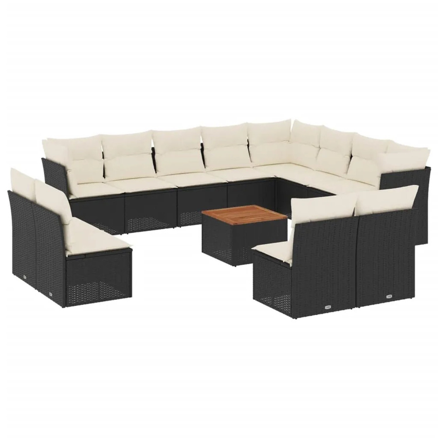 vidaXL 13-tlg Garten-Sofagarnitur Modell 40 aus Poly-Rattan und Akazienholz in Schwarz mit cremeweißen Kissen - Bild 2
