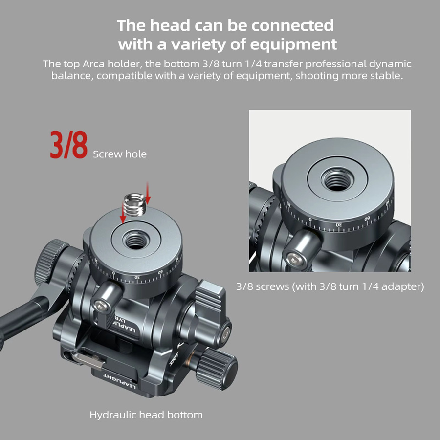 Leaplight Hydraulischer Kugelkopf mit doppeltem Panorama, multifunktionaler Stativkopf in Schwarz mit Griff und Schnellwechselplatte für Kamera und Handy - Bild 2