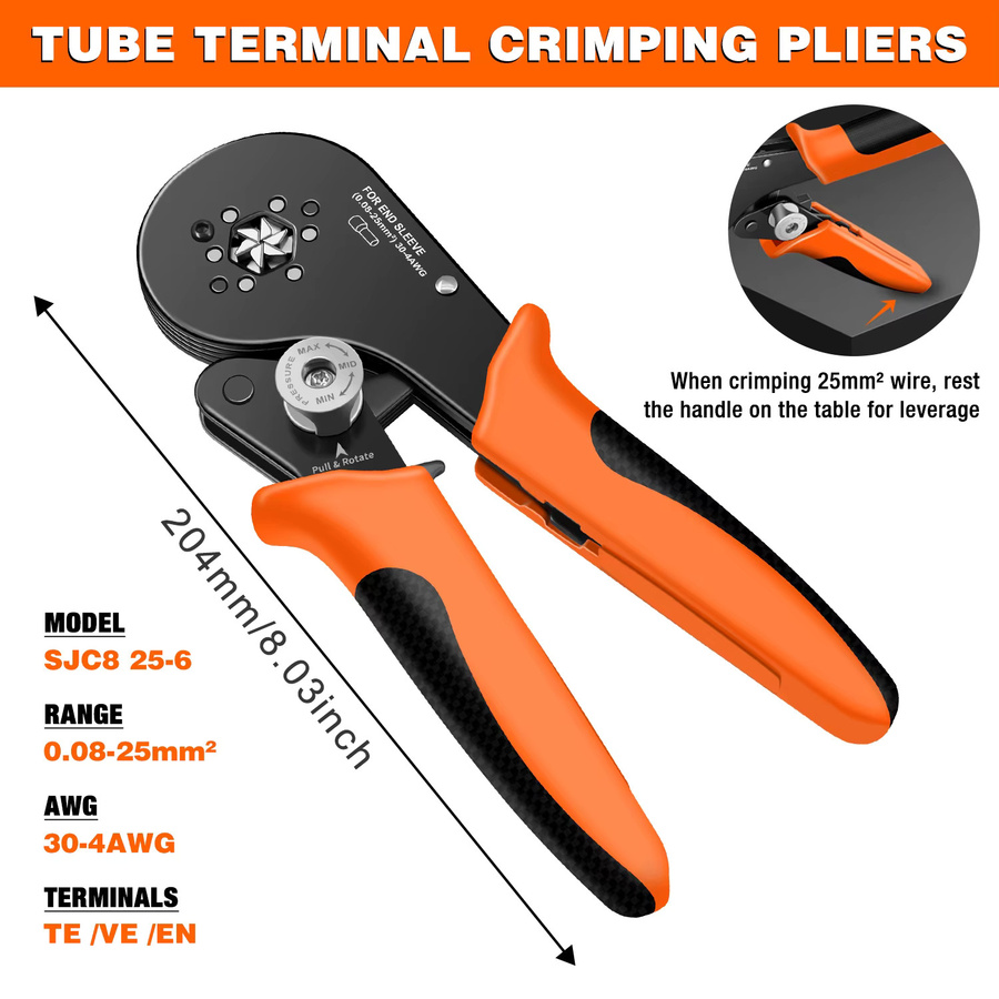 CLAMPLUS SJC8 Sechskant-Ratschen-Draht-Crimpzange für VE/EN/TE-Endhülsen und Aderendhülsen, 0,08–25 mm2 - Bild 3