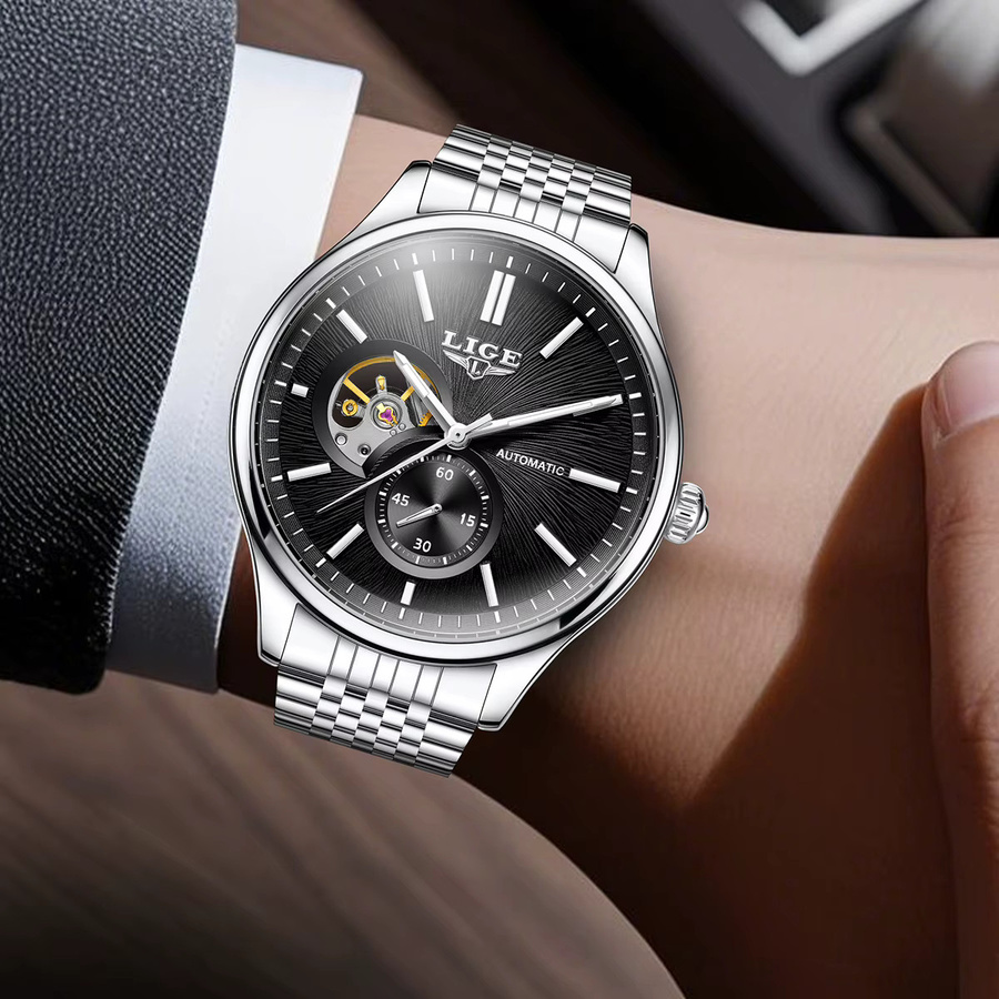 LIGE Armbanduhr Automatik, Edelstahl, blaues Zifferblatt, Herren - Bild 5