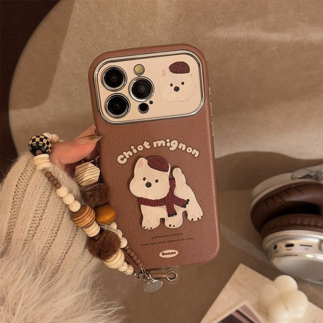 MUQGEW Handytasche mit 3D Cartoon Welpe aus Leder Textur für iPhone 16 15 14 13 12 11 Pro Max, Stoßfeste Abdeckung mit großem Fenster, Braun - Bild 1