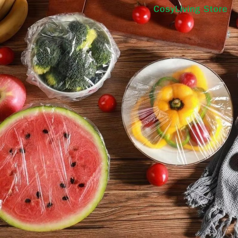 100 Stück elastische Lebensmittelabdeckungen aus transparentem Kunststoff als Einweg-Plastikschüsseldeckel zur Aufbewahrung von Obst und Lebensmitteln - Bild 3
