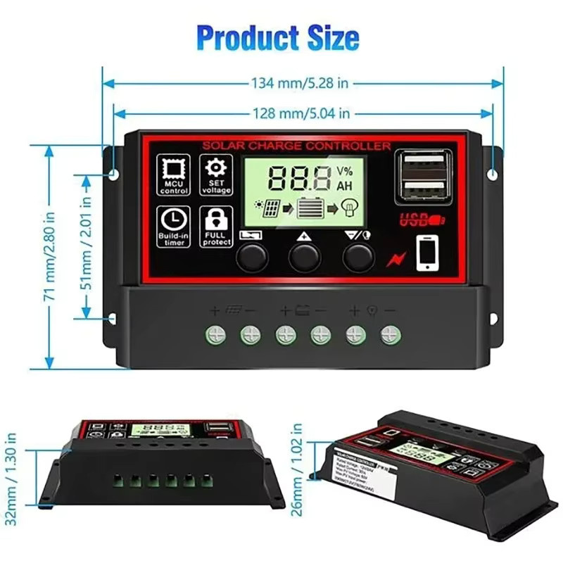 luxuglow Solar-Laderegler mit USB-Anschluss und LCD-Display für 12V/24V Solarmodule, Farbe: Schwarz - Bild 3