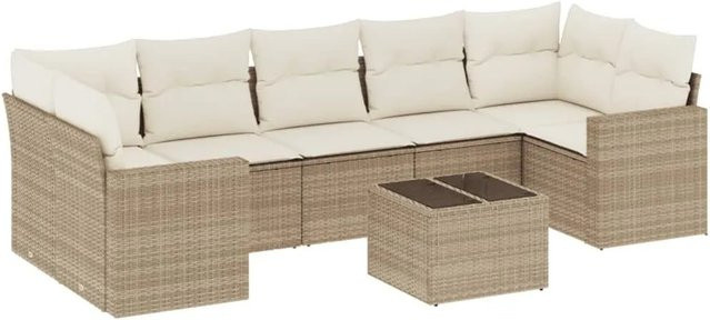vidaXL 8-teilige Garten-Sofagarnitur in L-Form aus beige farbenem PE-Rattan mit Kissen und pulverbeschichtetem Stahlgestell - Bild 1