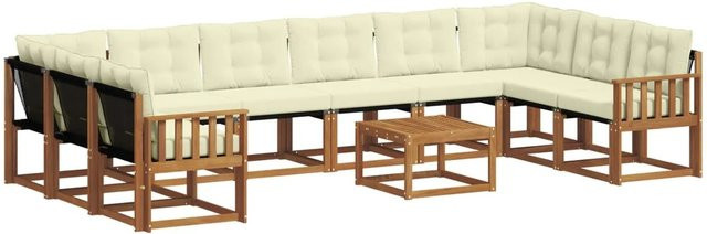 vidaXL Outdoor-Sofagarnitur aus massivem Akazienholz mit Textilene und Kissen, 11-teiliges L-Shape Set, Natur und Creme/Beige - Bild 1