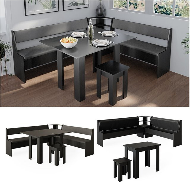 Vicco Eckbankgruppe Roman in Schwarz mit ausklappbarem Esstisch für Küche und Esszimmer - Bild 1