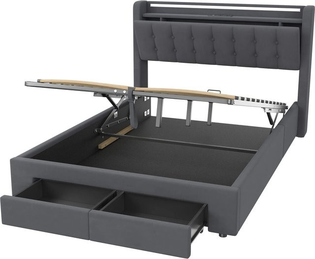 okwish Polsterbett mit Bettkasten und LED-Licht in Grau, B/T/H: 140 x 190 x 106 cm - Bild 1
