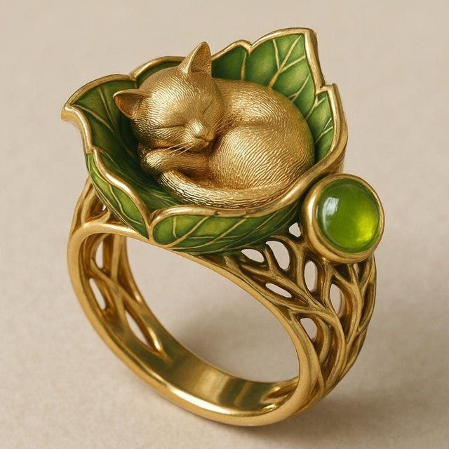 Vintage-Ring, Smaragd, Blattmotiv, Gold, Damen - Bild 1