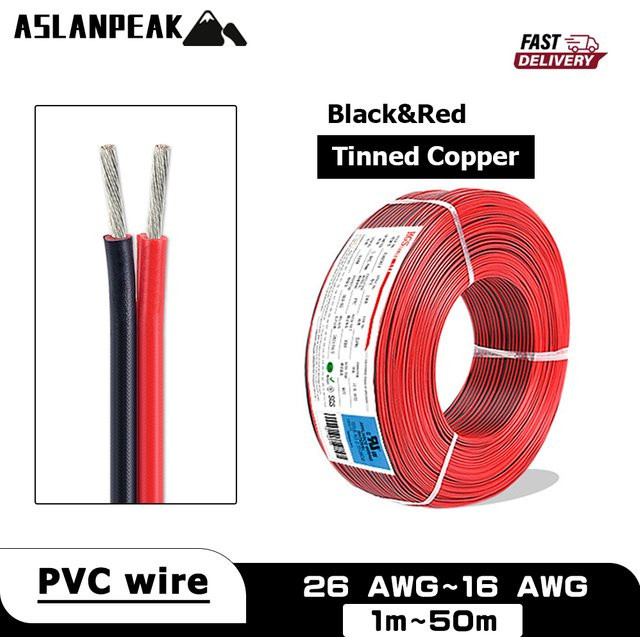ASLANPEAK 2-poliges Elektronikkabel UL2468 26-16AWG in Schwarz und Rot für LED, 12 V und Audiolautsprecher - Bild 1