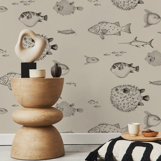 Selbstklebende Tapete Pixel&Wall mit tropischen Fischen und Meeresleben in Beige - Bild 1