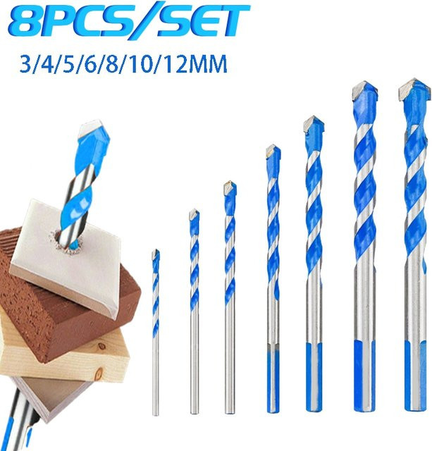 8-teiliges Bohrer-Set für Glas, Fliesen, Wände, Beton und Metall, Durchmesser 3-12 mm, Blau - Bild 1