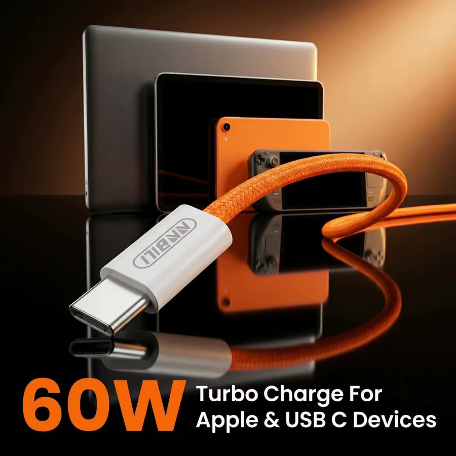 NNBILI USB-C zu USB-C Kabel 60W PD Schnelles Ladekabel Geflochten in Grau und Orange für iPhone, Samsung, Xiaomi, Laptop und HUAWEI - Bild 2