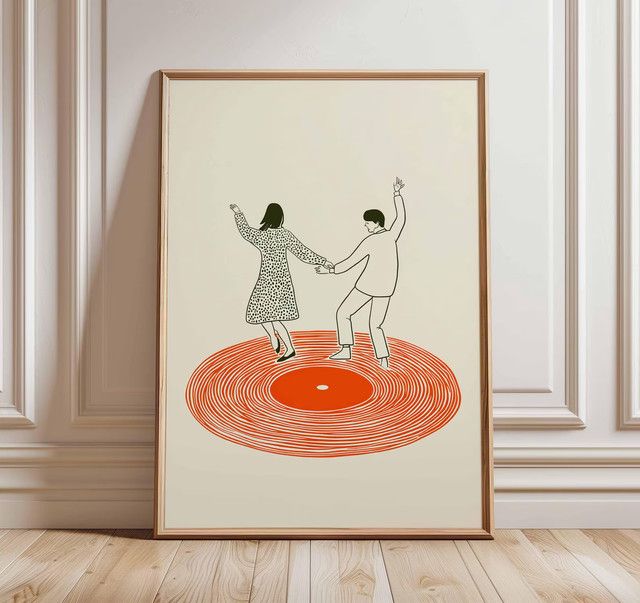 Modernes Wandkunstdruck Poster von SHENCHEN mit tanzenden Paaren und Retro-Plattenspieler Illustration im Hochformat - Bild 1